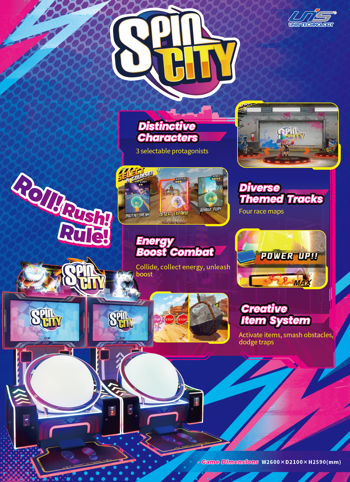 UNIS technology new game flyer - SPIN CITY ball rolling arcade game 